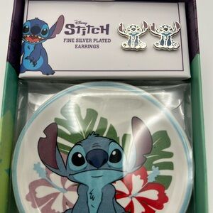 Stitch Boxed Set Silver Plated Earrings and trinket tray from Disney NWT